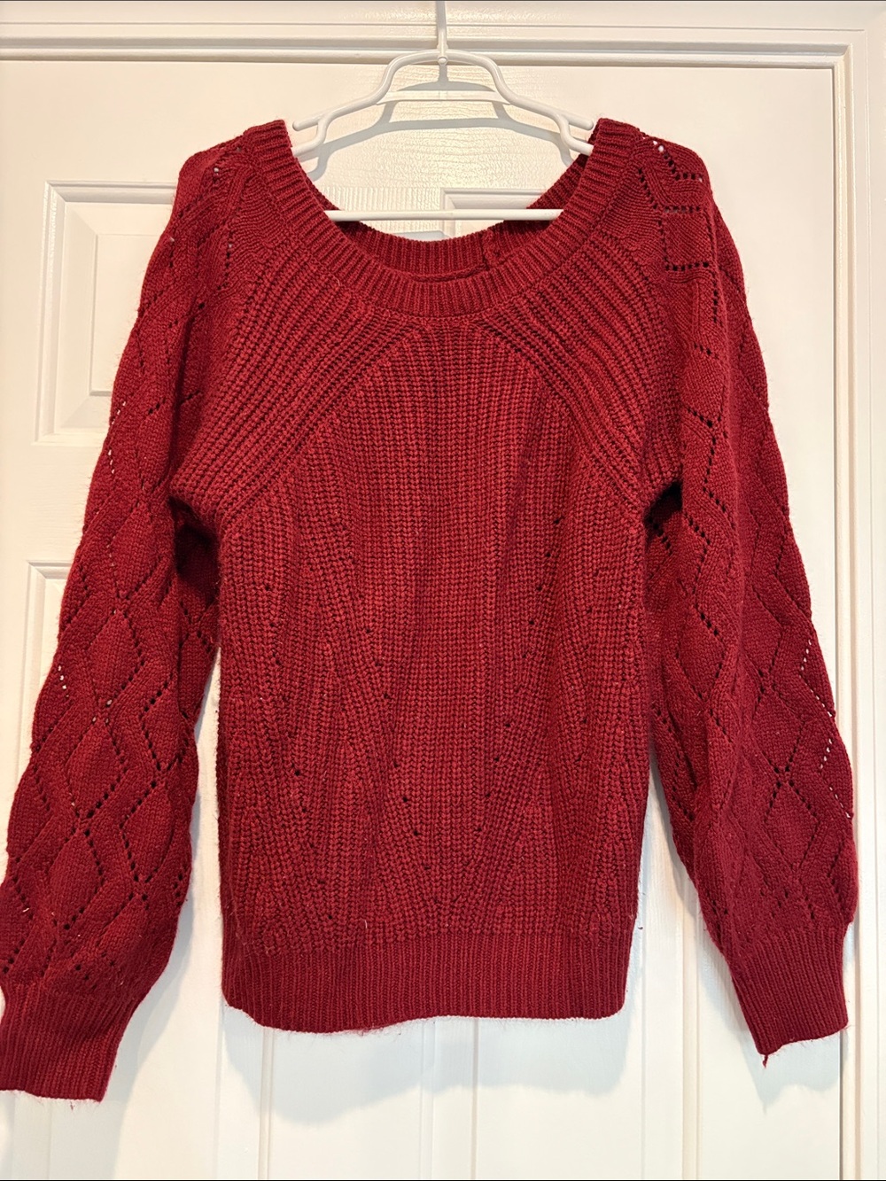 Cozy Women's Crewneck Cable Sleeve Sweater - Wine Red - Picture 1 of 8
